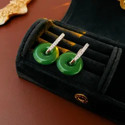 Neo-chinese Style Emerald Round Hollow Rhinestone Jade Hoop Earrings for Women Vintage Fashion Temperament Luxury Noble Earring