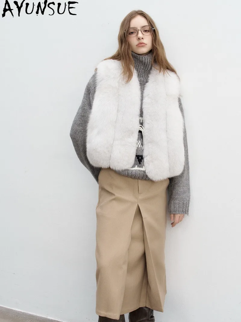 AYUNSUE Real Fox Fur Vest Natural Genuine Fox Fur Gilet Versatile Womens Autumn Winter Coat Short Length Luxury Ladies Clothing