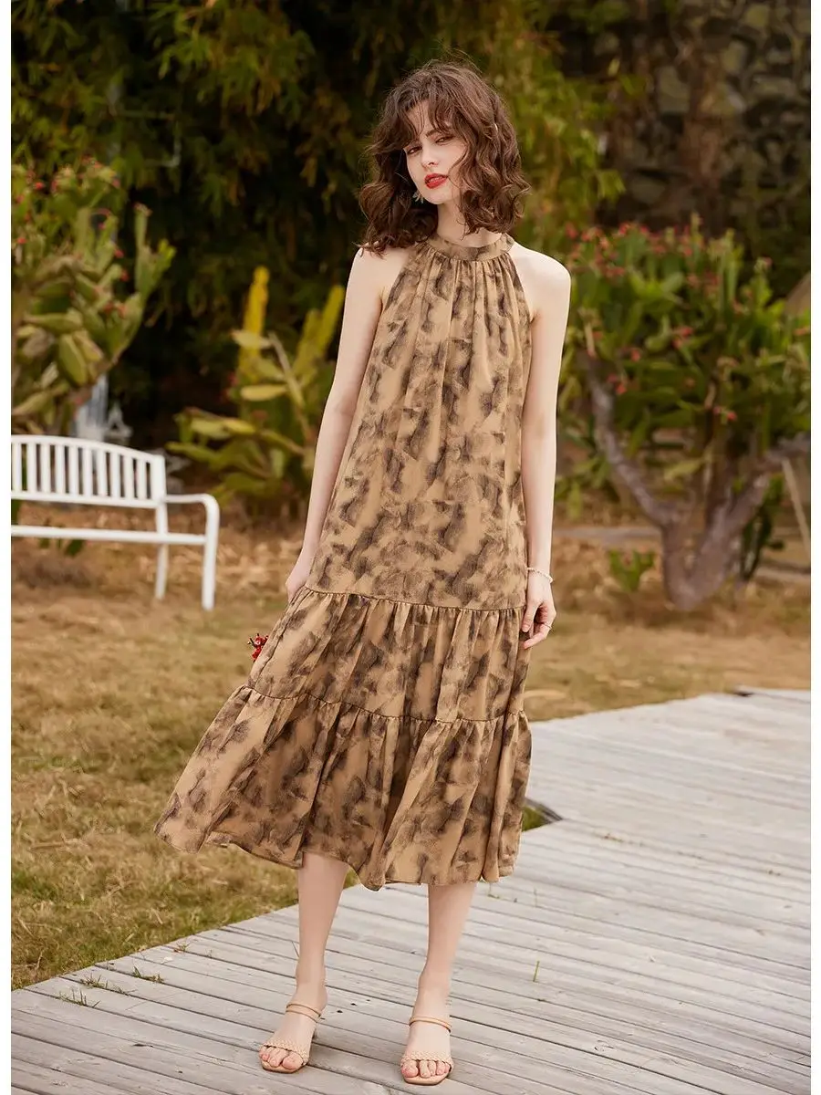 LOUIS YAO Women Dress 2024 Summer Retro Style Elegant Grace Sleeveless Loose Fit A-LINE Long Brown Dress