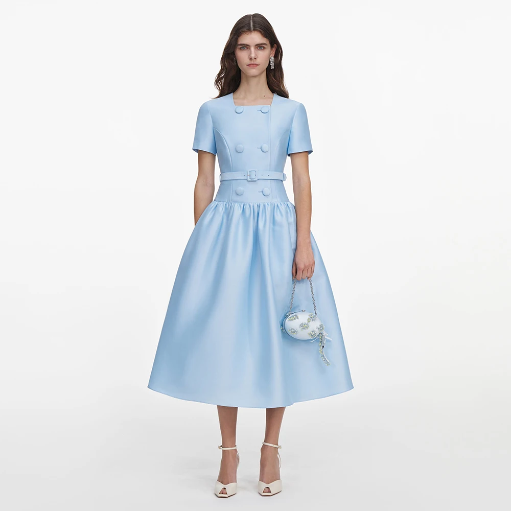 Customized Baby Blue Satin Cocktail Dress Midi Short Sleeves A Line Women 's Cocktail Gowns Buttons Tea Length Modern Party Gown