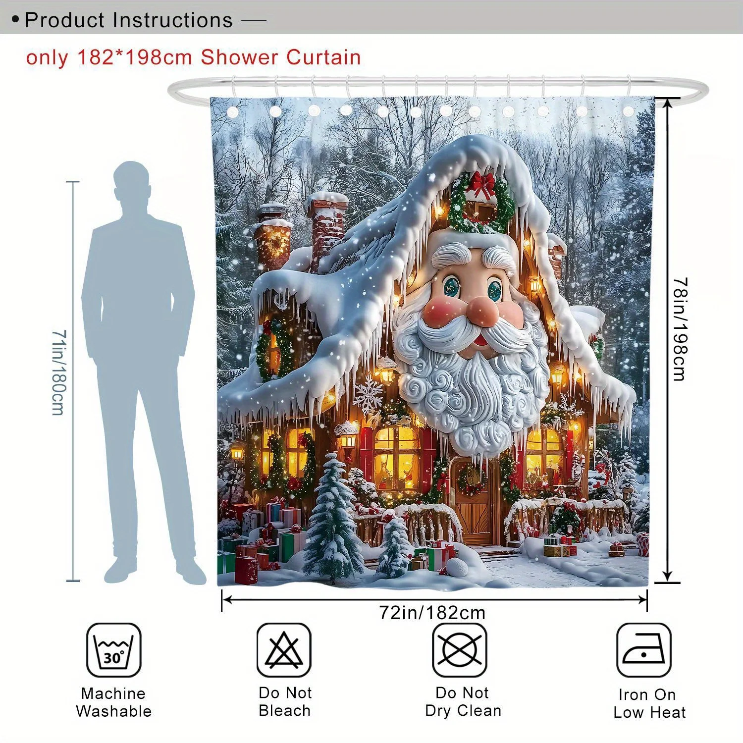 4Pcs Christmas Santa Tree House Shower Curtain Set, White Brown Polyester with 12 Hooks, Non-slip Mat & Toilet Lid Pad,