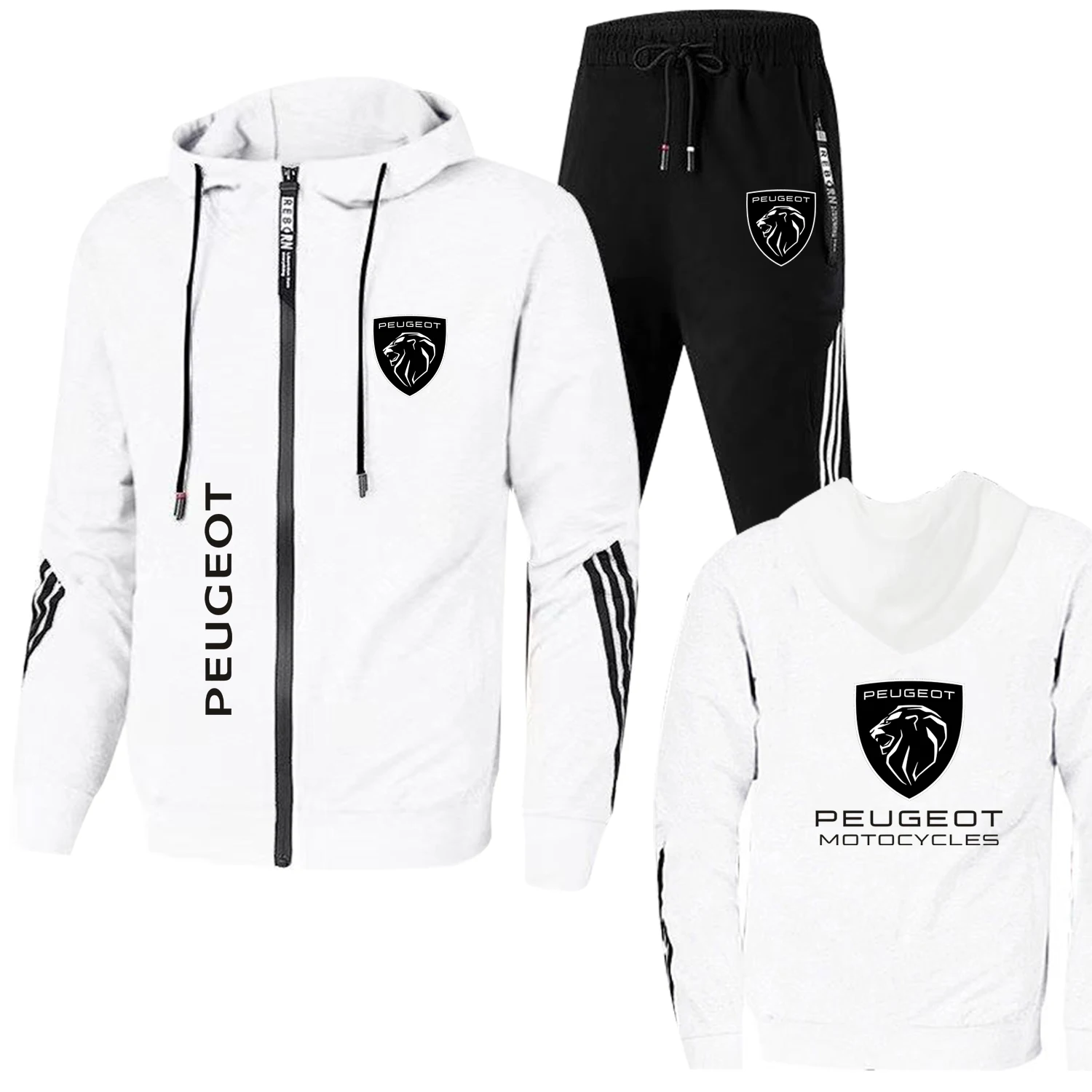 2025 neue trendige Peugeot Herrenbekleidung, Logo-Druck, Trainingsanzug, lässig, übergroß, Herren-Sweatshirt mit Reißverschluss + Hose, 2-teilige