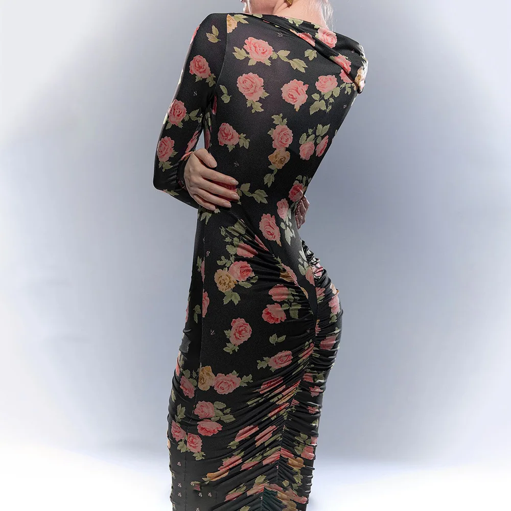 Dresses 2025 For Woman Slim Vestidos Off Shoulder Printed Evening Elegant Dress Party Holiday Vintage Temperament Trendy Fashion
