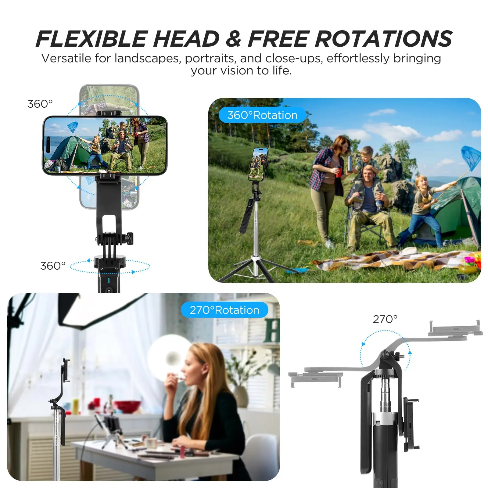 180cm Selfie Stick Quad Tripod Extendable Mobile Phone Tripod 360° Rotation Compatible with IPhone Android Phone, Camera