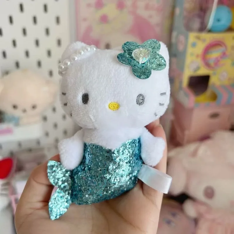 Sanrio Shiny Mermaid Hello Kitty Plush doll Keychains blink pink Kitty cat toy Pendant Anime Cartoon Mermaid Plushie Key ring