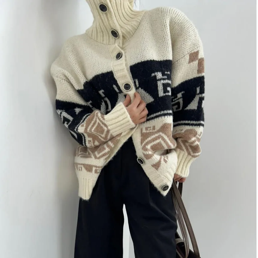 

Women's High Collar Soft Sweater Jaet Korean Sle Chic Autumn Winter Unique Design Loose Fit Long Sve Cardigan