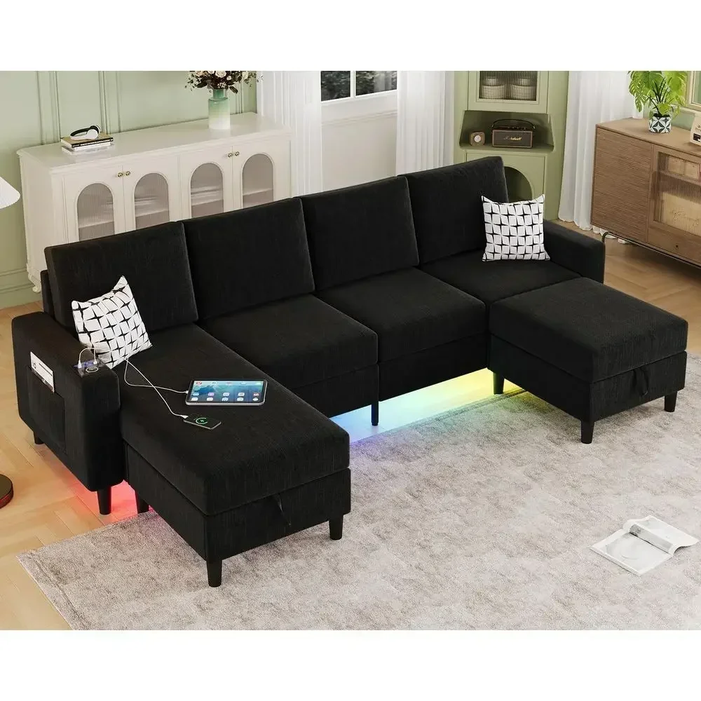 6-Seat Linen Fabric Sectional Sofa with Storage Ottoman, Convertible U/L Shaped Couch, Smart Charging, LED Light, Music Sync (Bl