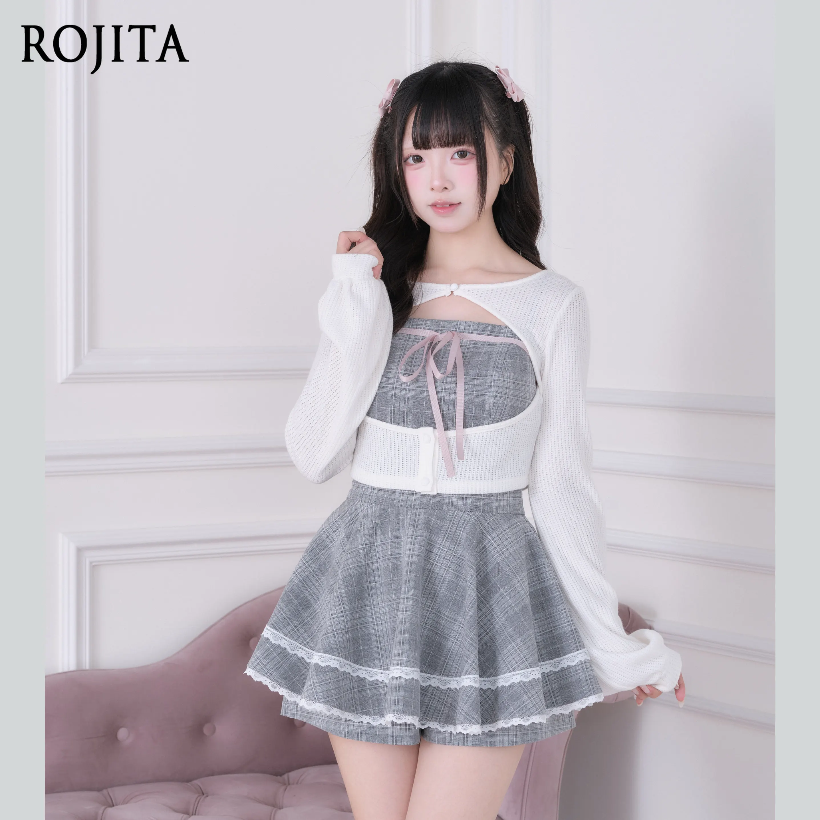 Harajuku JK 3 Piece Outfit Women White Hollow Out Knit Long Sleeve Cardigan Grey Plaid Tube Top Lace Mini Skort Sweet Lolita Set