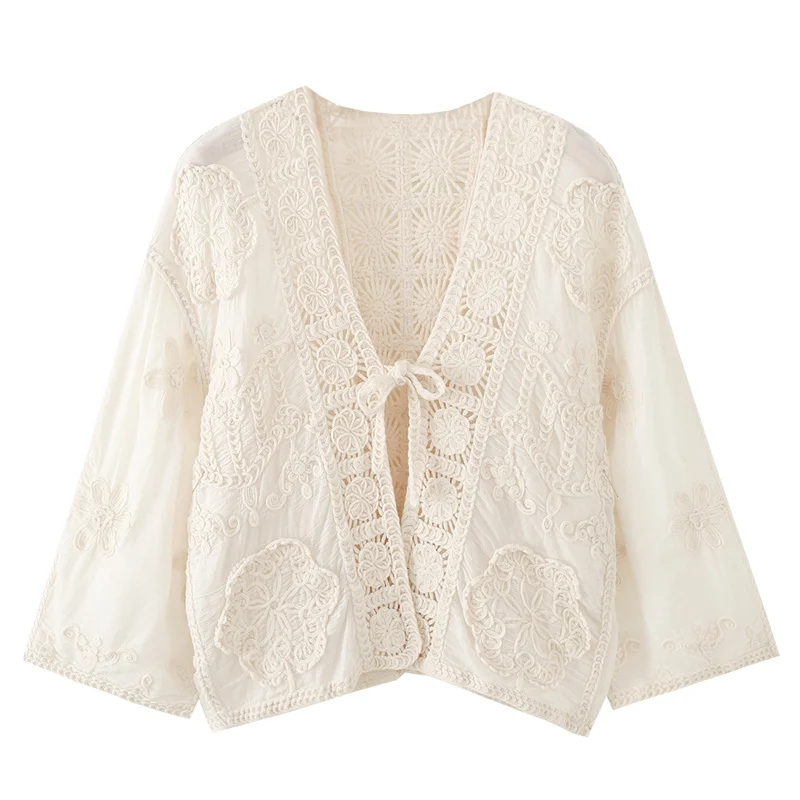 Guobioziy 2026 Spring/Summer Women's Elegant Crochet Lace Hollow V-Neck Top Loose-Fitting and Versatile for Casual Styling