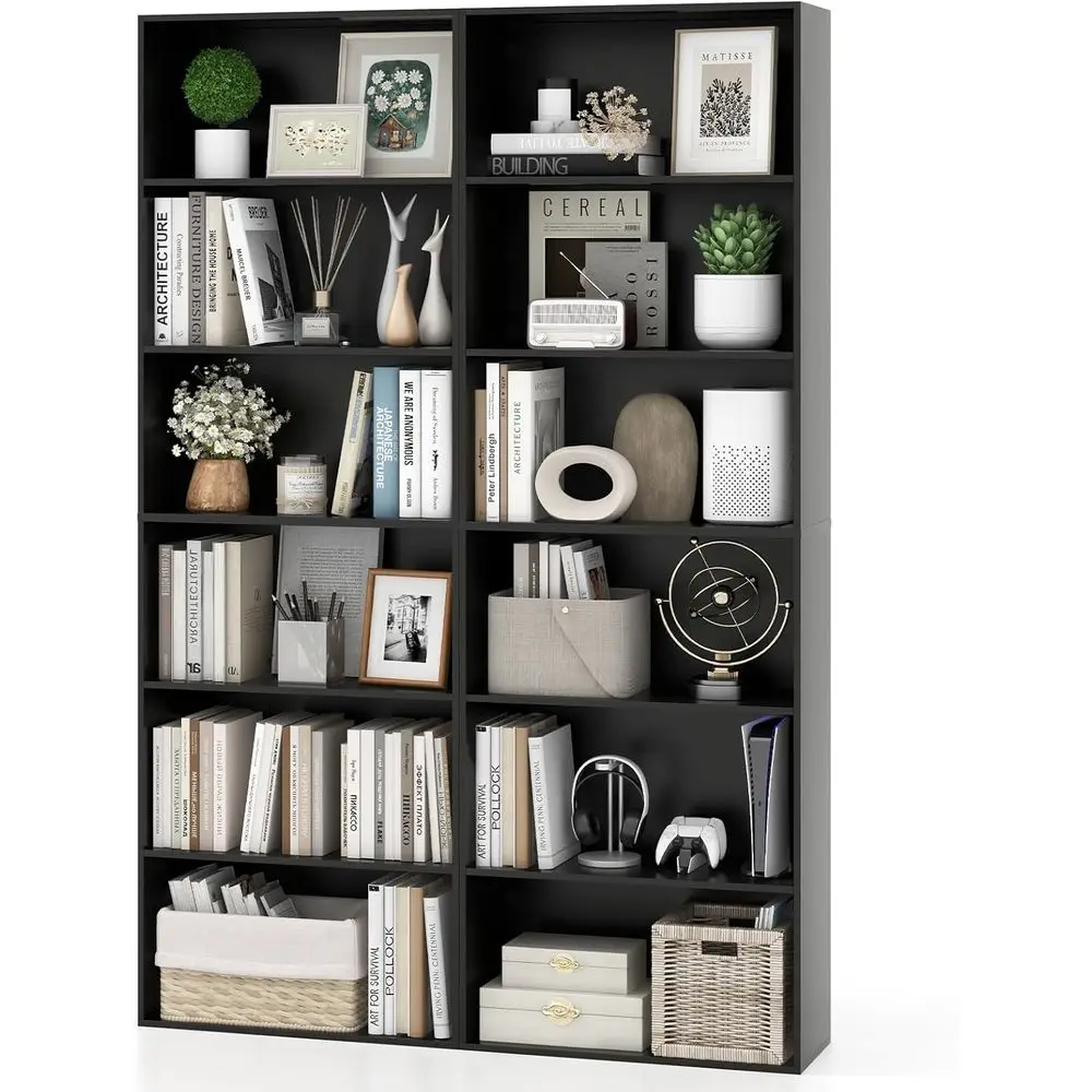 

6-Tier, 70 Tall Wooden Bookcases Set of 2, Open Shelves Storage Organizer, Anti-Tipping, Ideal for Living Room, Bedroom, Black