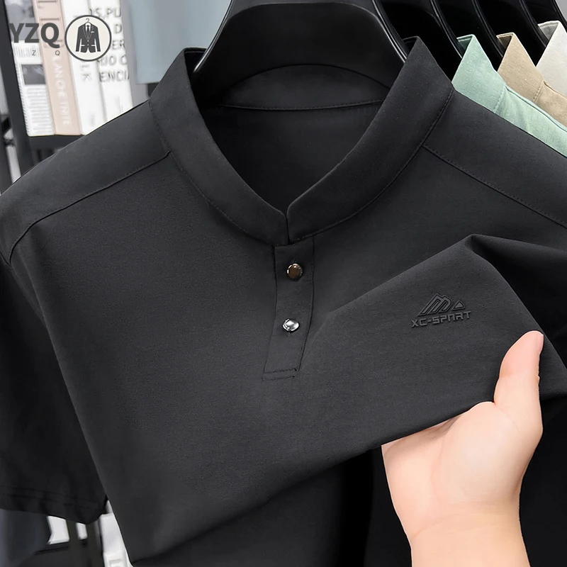 Mens Sport Mandarin Collar Style Short Sleeve Polo Shirt Casual Tops With Buttons Soft Lightweight Mesh Tees For Men - view 5