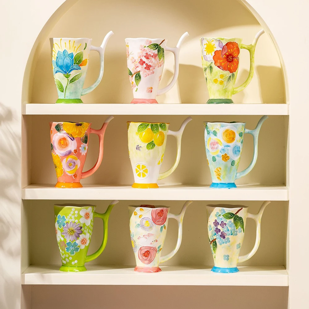 

401-500ml Underglaze Colored Ceramic Cups, Juice Mugs, Household Water Cups, Hand-painted Hot Drinks High Temperature Resistant
