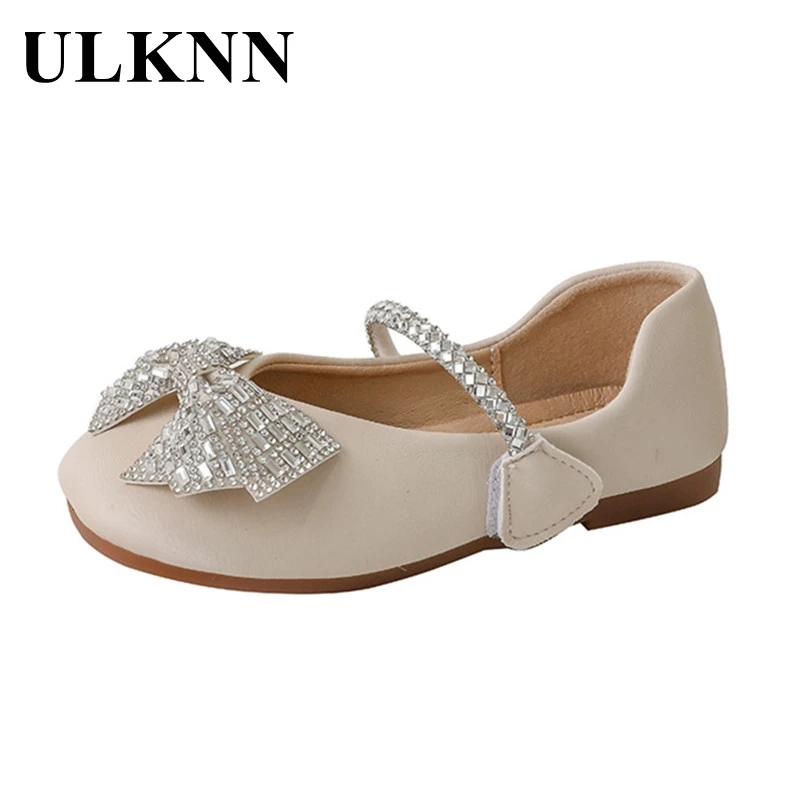 ULKNN Rhinestone Flats For Girls 2026 Summer Princess Kid's Single Shoes Children's Fashion Know Beige Casual Shoes Size 23-36