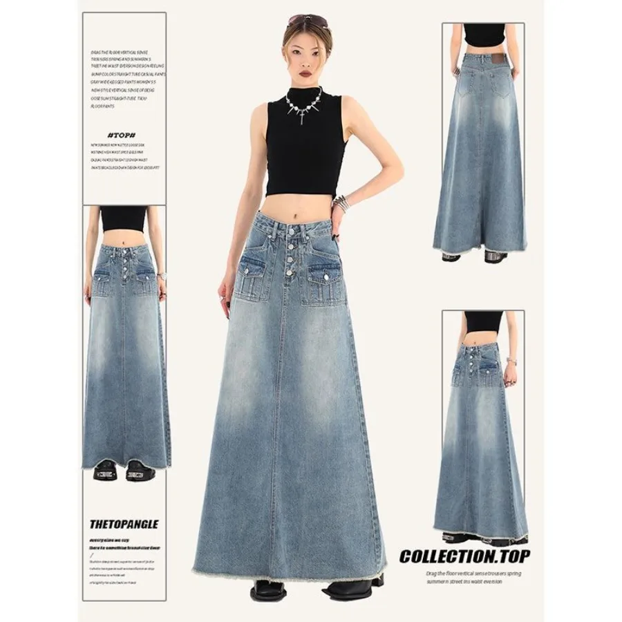 

【ХИТ】Джинсовая юбка с бахромой в стиле преппи, средней длины, с высокой талией, А-силуэта, новая модель, стройнящая, женская.