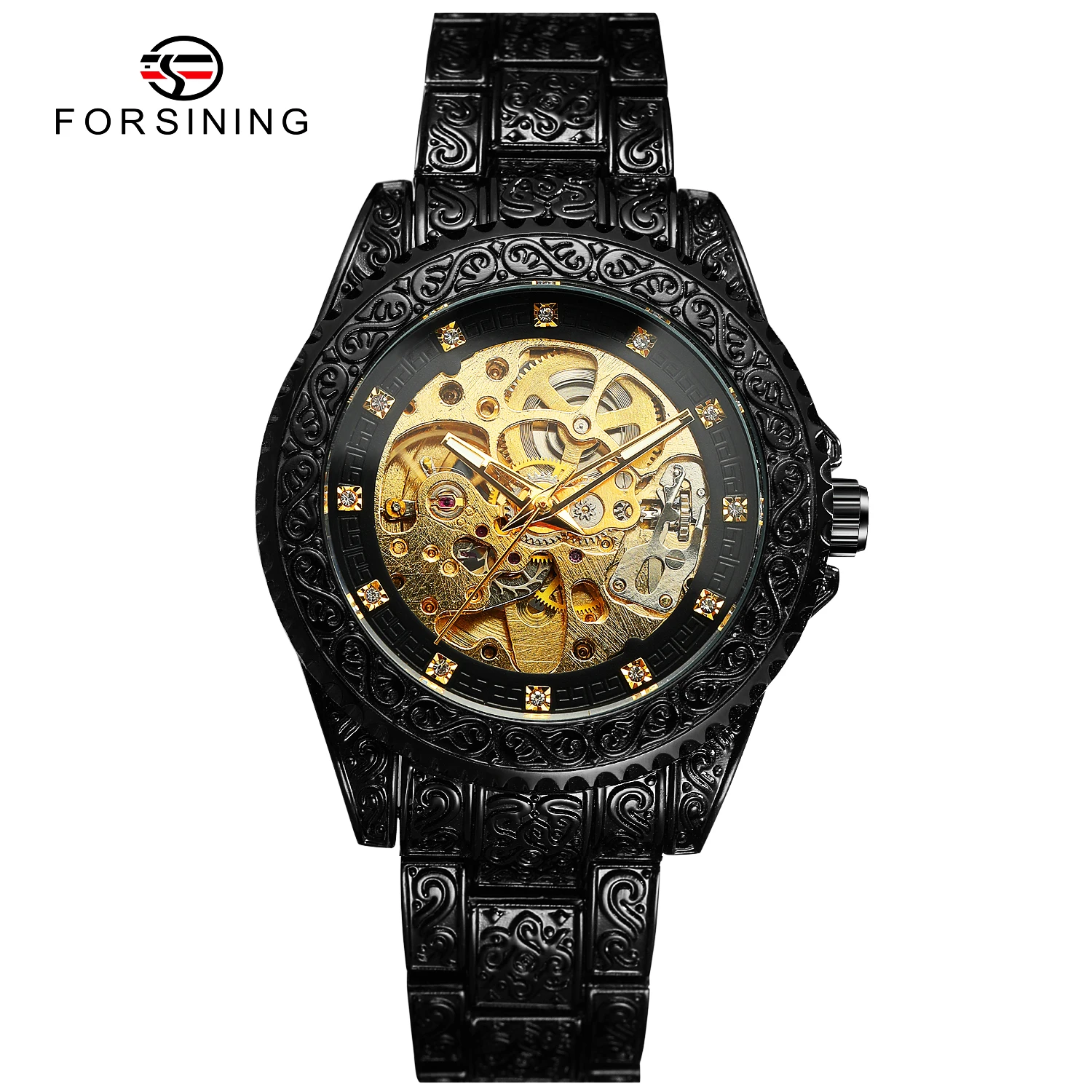 

FORSINING модные крутые ретро мужские автоматические механические часы со скелетом, черные часы из нержавеющей стали со стразами, винтажные часы с резьбой