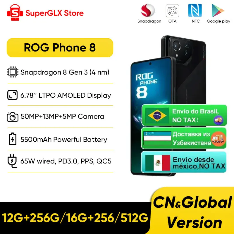 Pro 5g Gaming Phone Snapdragon Gen 678 165hz Display Amoled E-sports 50mp Câmera Imx890 Carregamento Rápido de 65w Rog8 e