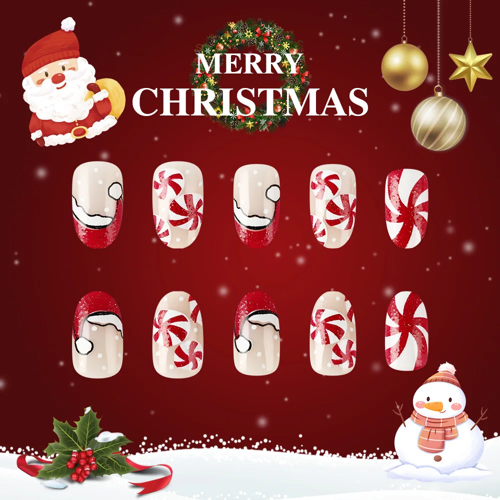 24 pçs papai noel remendos de unhas falsas glitter vermelho estilo francês chapéu de natal projetos imprensa em unhas wearable amêndoa manicure para festa