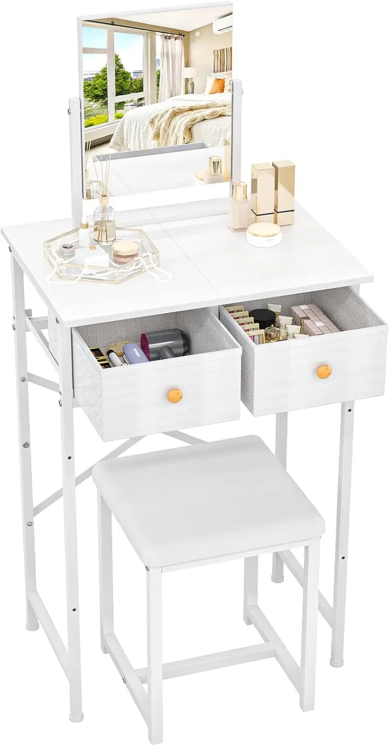 19.7"W White Dressing Table with Vanity Stool, HD Mirror with Fabric Storage Drawer, Compact Vanity Desk for  Bedroom