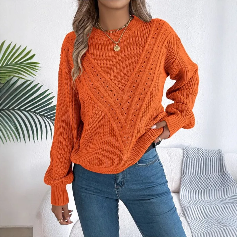 Women Autumn/Winter Casual Solid Orange V-shaped Hollow Lantern Sleeve Head Sweater Round Neck Knitted Streetwear Jumpers Tops