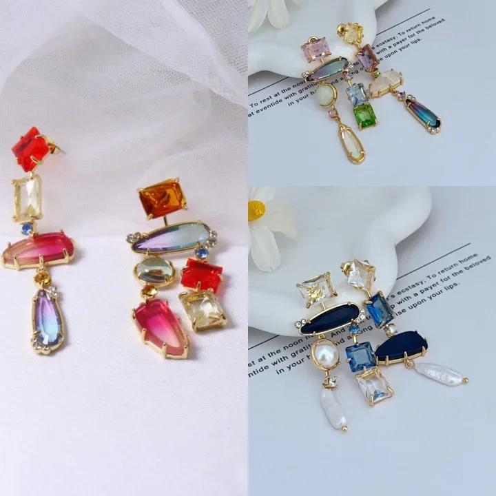 2025 Hot-selling AB Style Colorful Crystal Drop Dangle Earrings For Women Pink Blue Purple Black Quartz Irregular Chunky Jewelry