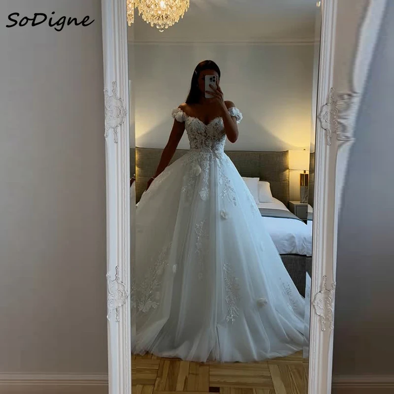 

SoDigne A-line Tulle Wedding Dresses ﻿Sleeveless Appliques Off Shoulder Bridal Dress Long Wedding Gown Robe De Mairee ﻿Customize