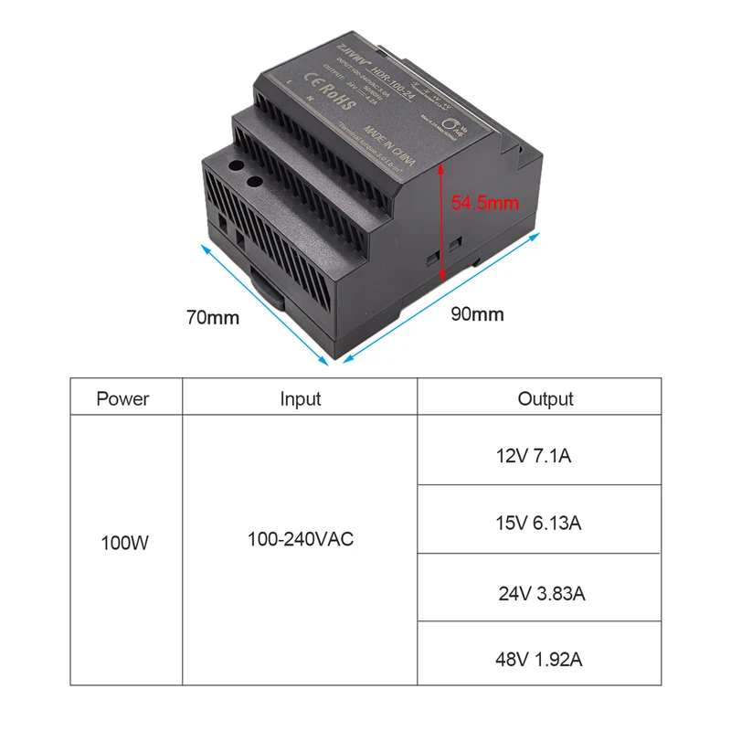 HDR-100 Series DC12V 15V 24V 48V 100W Original High Power&Effection Ultra Slim Step Shape DIN Rail Power Supply HDR-100-12