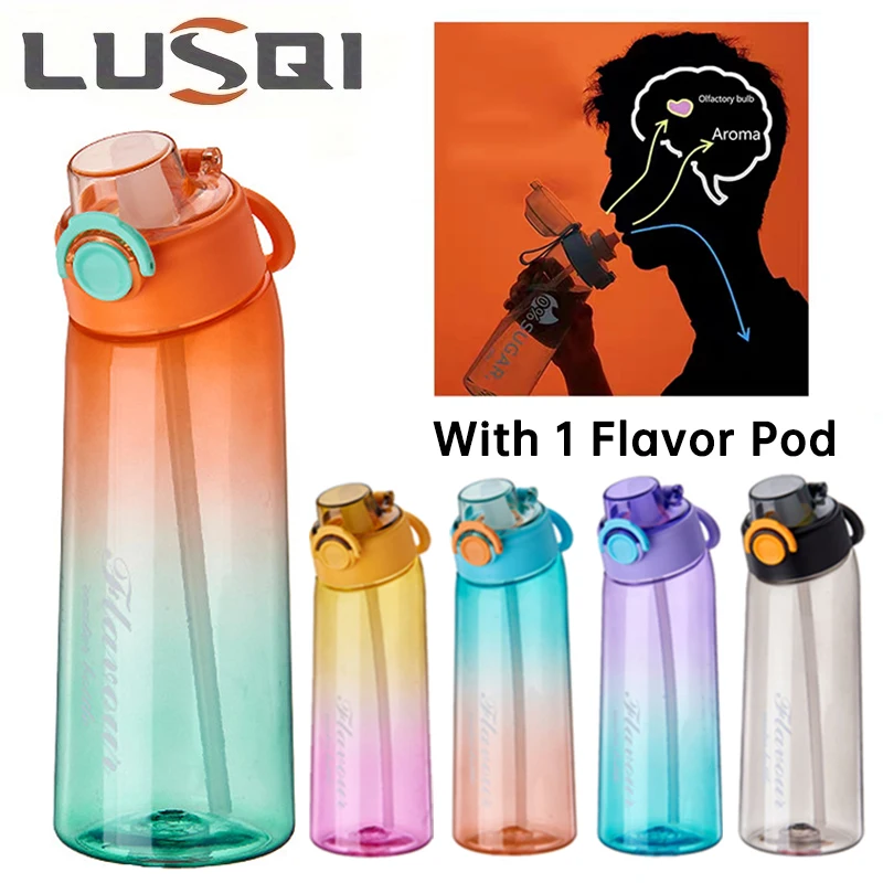 LUSQI 1PC 900ml Sports Water Bottle With 1 Random Flavor Pod With Straw Tritan For Outdoor Sports Fitness BPA Free