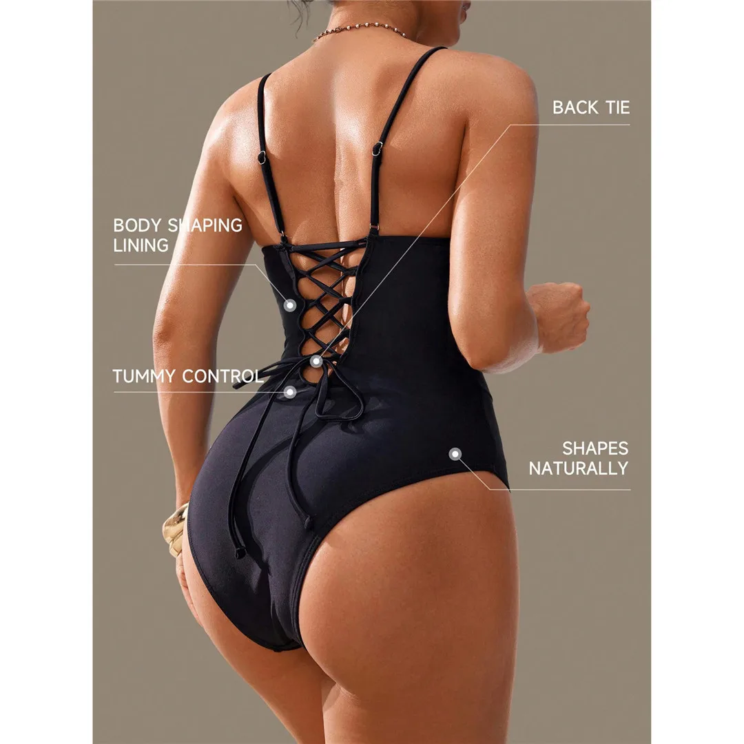 S - XL, V-Ausschnitt, Bauchformend, Damen-Badeanzug, einteiliger Badeanzug, Damen, mit Schnürung, hoher Beinausschnitt, gepolstert, Badebekleidung, Badeanzug, Modell V7547. – Detail 6