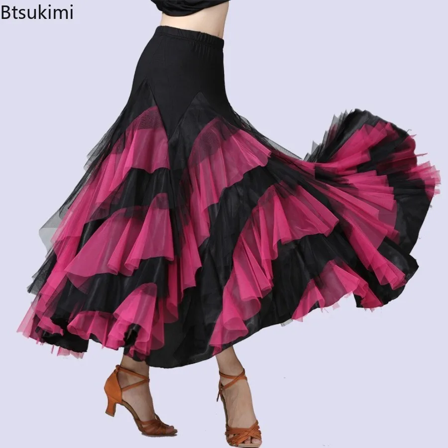 Costume da ballo moderno in rete da donna, valzer di flamenco, gonna da ballo classica, grande altalena, gonna lunga spagnola, costume da competizione