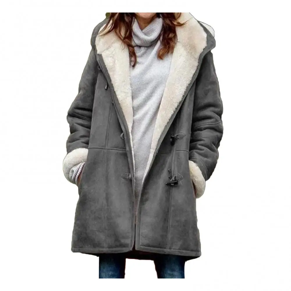 Fleece Lining Women Jacket Winter Horn Buckles Long Warm Hooded Coat Harajuku Style Cow Warm Mid Length Hooded Coat Jacket