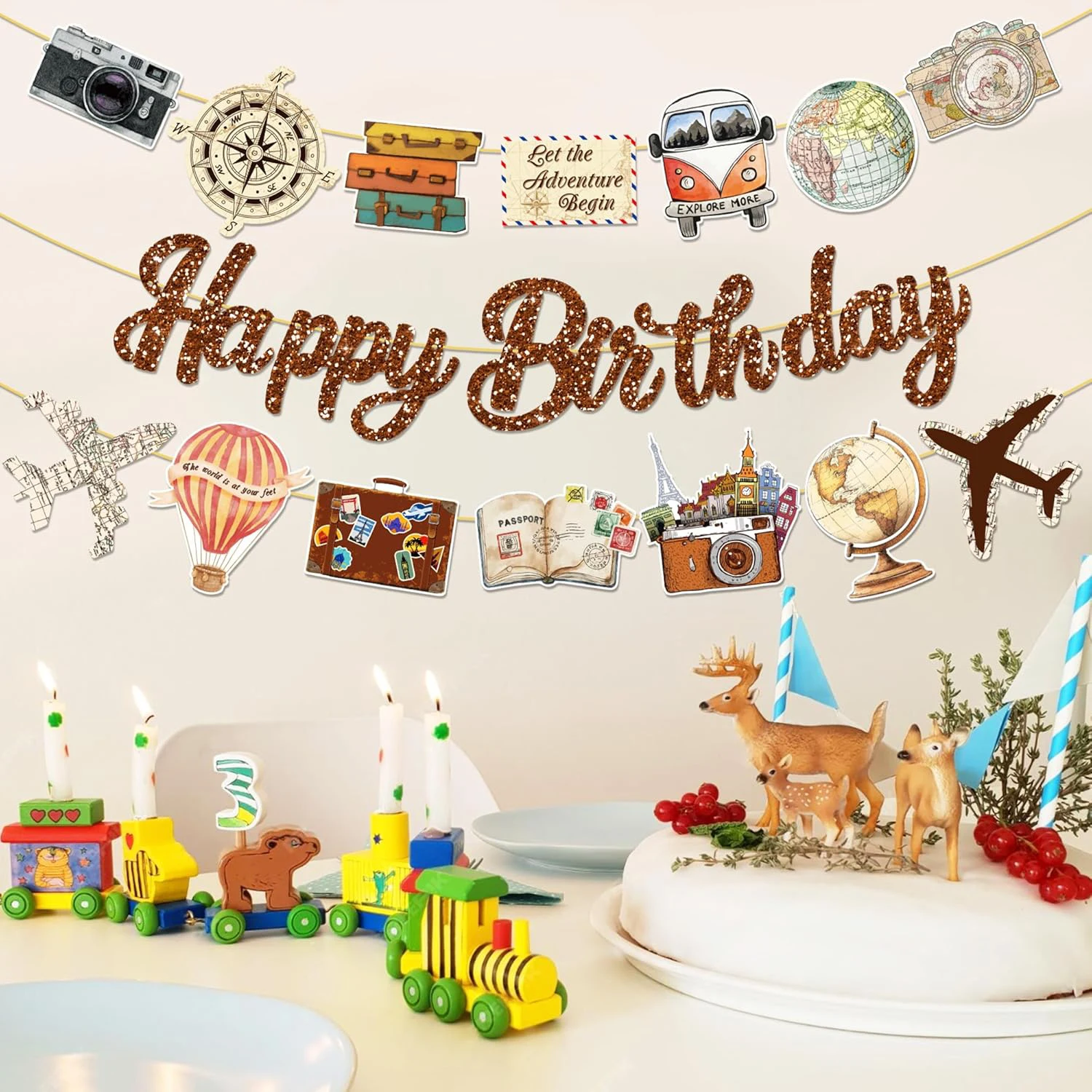 3-teiliges Reise-Geburtstagsbanner Globus Kamera Flugzeug Party Hängendes Banner Retro Reise-Thema Geburtstag Braut Hochzeit Baby Shower – Detail 3
