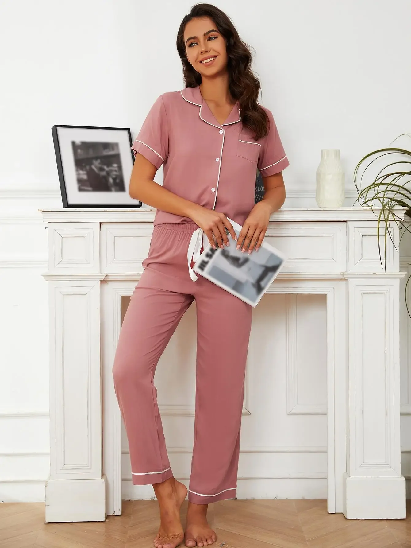 Solid Women\'s Pajamas Set Notched Collar Button Short Sleeves Top Tee&Long Drawstring Pants Female 2 Pieces Sleepwear Nightwear