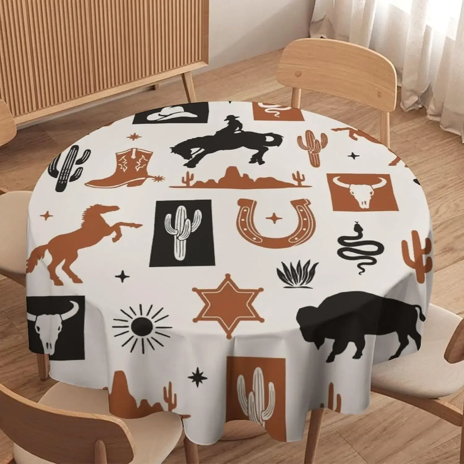 Vintage Western Cactus Cowboy Circle Tablecloth - Boho Farmhouse Style Home Party Dining Room Kitchen Cover
