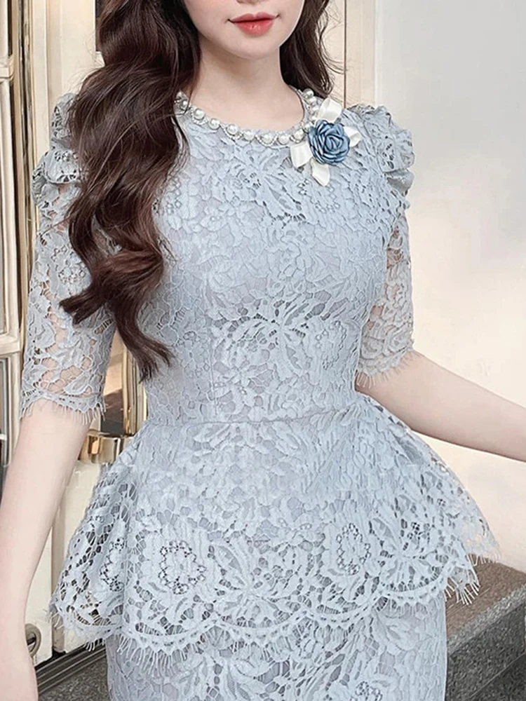 DEAT Elegant 2 Pcs Set Patchwork Pearl Diamond Lace 3D Flower Hollow Out Top Waist Slim Skirt Suit Summer 2024 New Tide 13DB5163