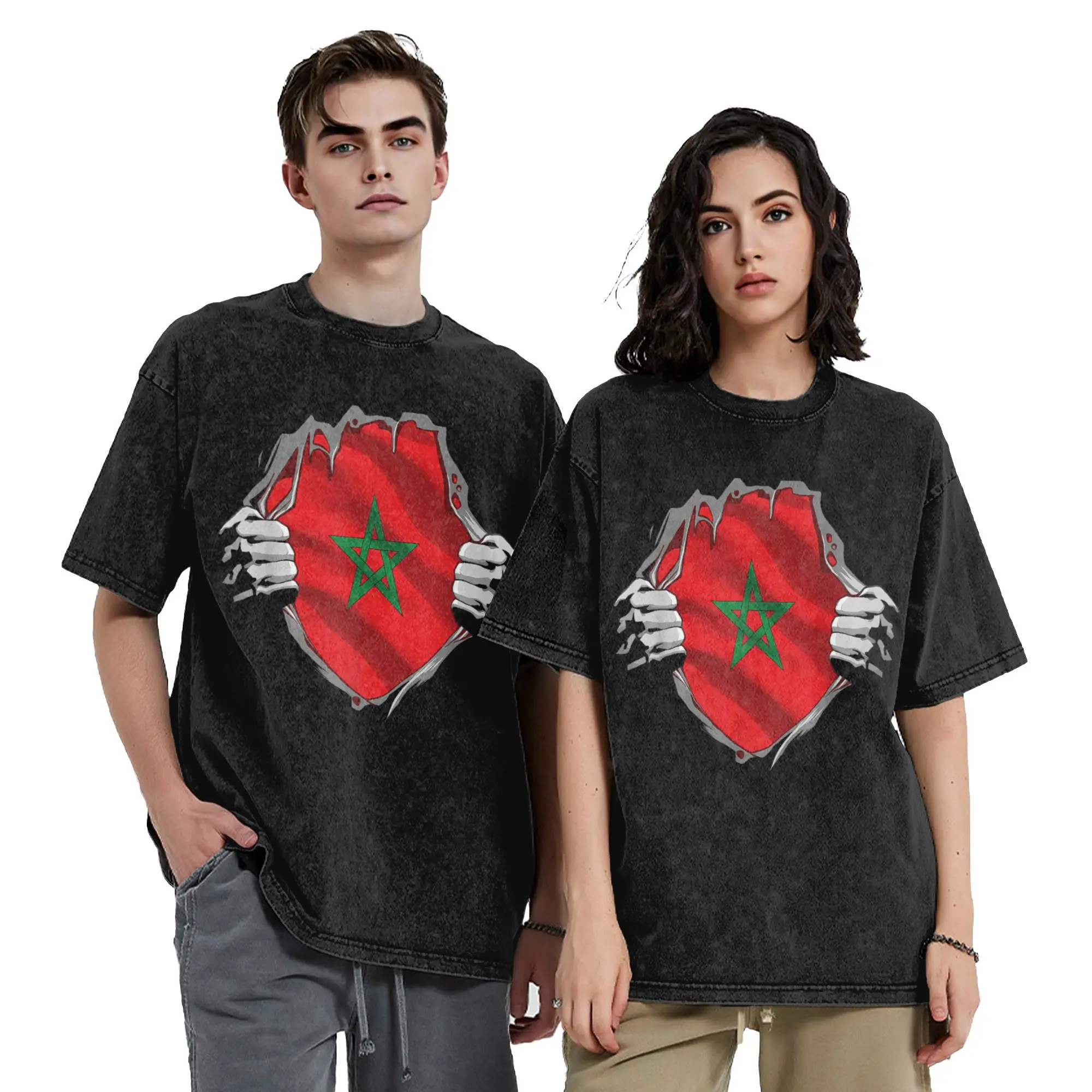 Morocco Flag Moroccan Washed T Shirts Streetwear  Cool T-Shirts  Tees Men Women Short Sleeve Oversize Printed
