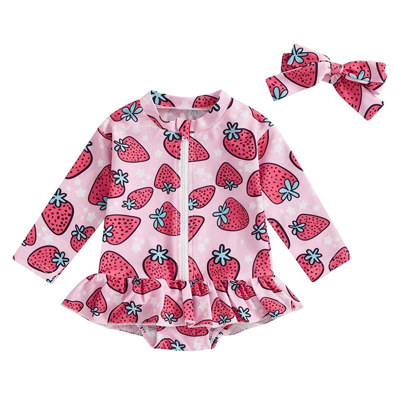 

Baby Girl Rash Guard Swimsuit Long Sleeve Strawberry Print Bathing Suit Infant Swimwear with Headband