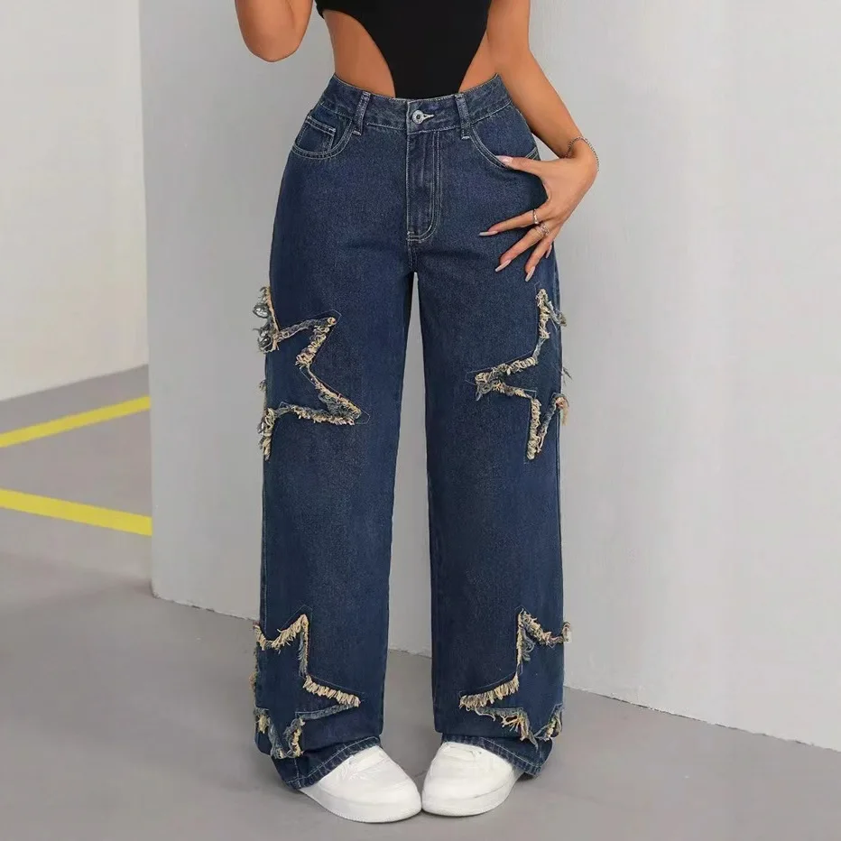 Women's Patched Star Denim - Distressed Frayed Hem Relaxed Straight Leg Jeans2025