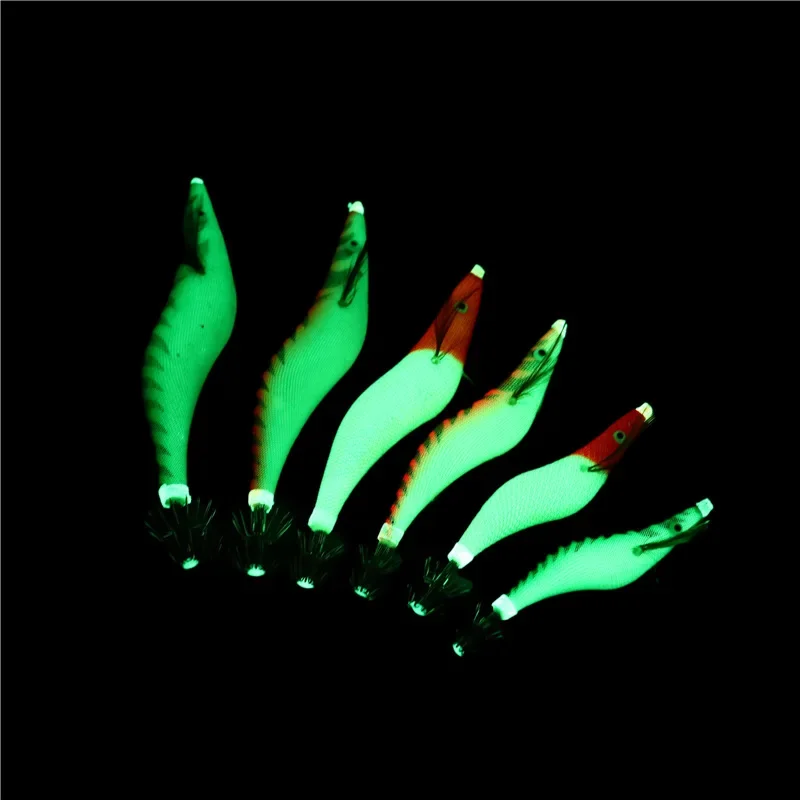 4PCS Luminous Squid Jigs Prawn Hook Wooden Bionic Shrimp Baits Fishing Lures For Saltwater 21g