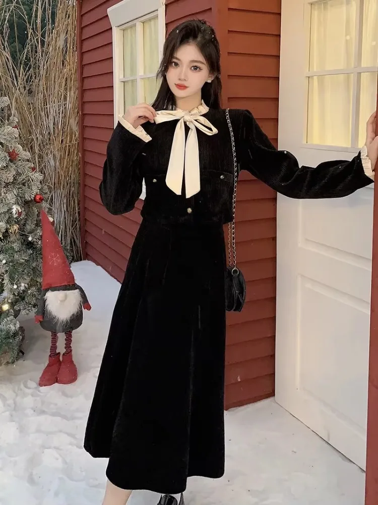 Lnsozkdg 2024 Autumn Winter New High Quality Skirt Suits Butterfly Bow Retro Elegant Long Sleeves Jacket + Skirt Two Piece Sets