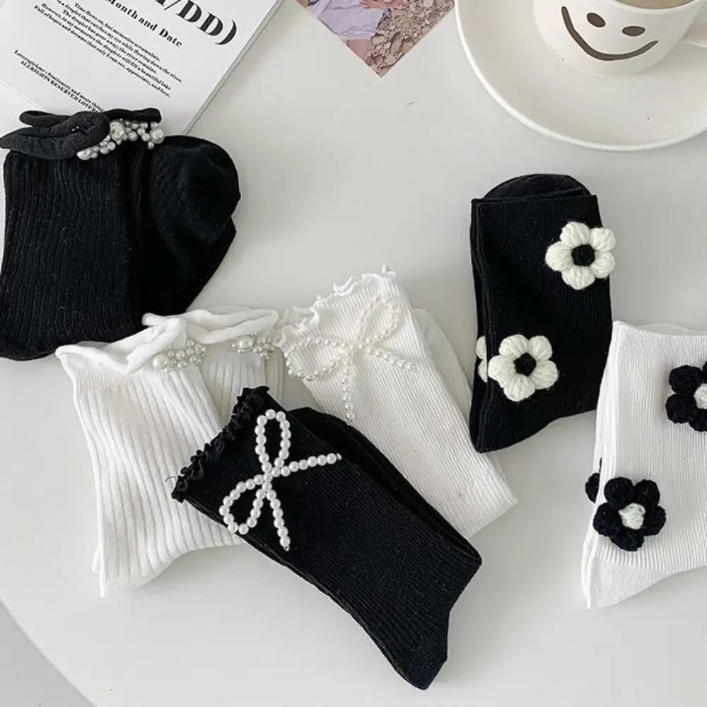 Korean Reto Pearl Sock Breathable Women Cotton Socks Pearl Bow Mid Tube Sock Cotton Preppy Style JK Lolita Socks Spring