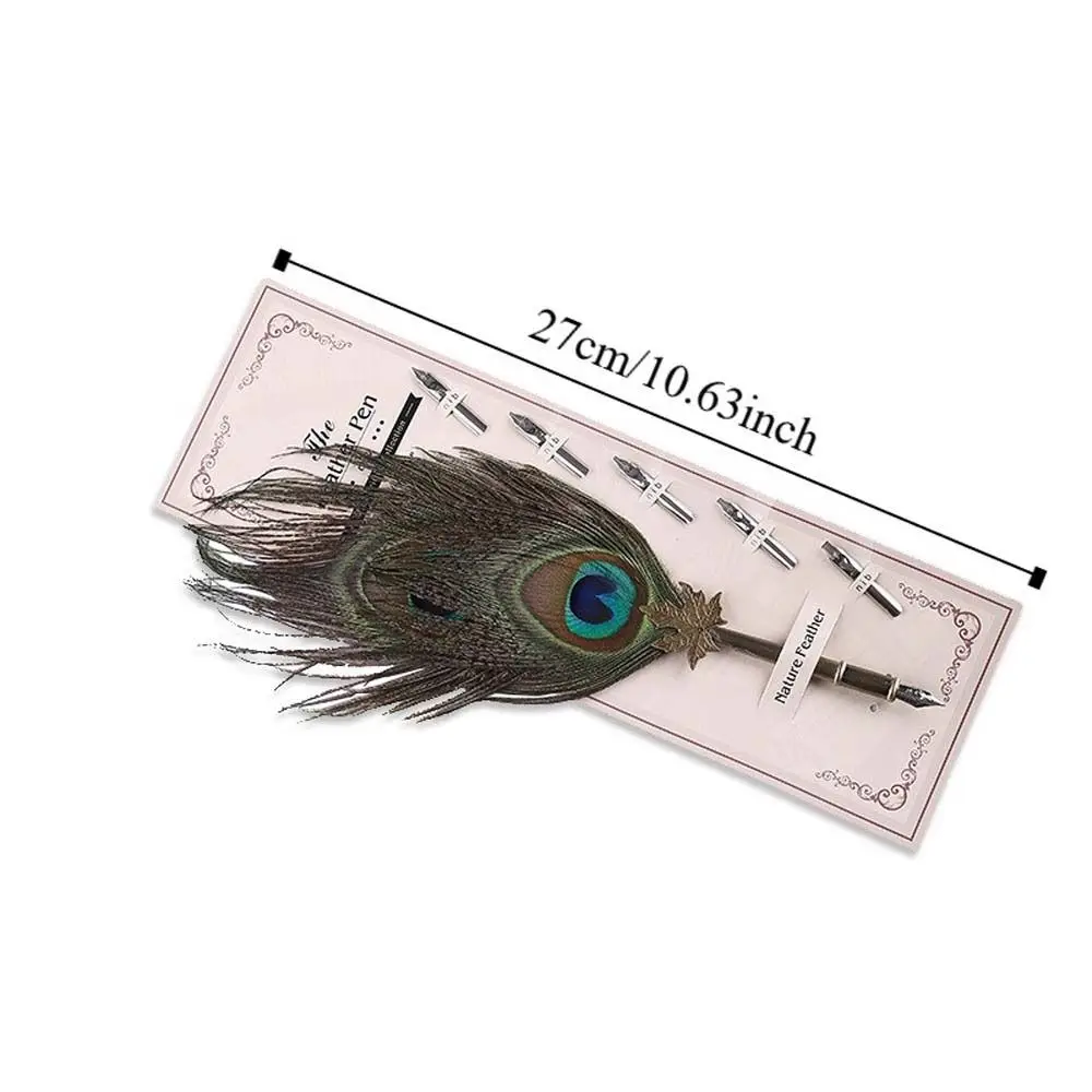 European Vintage Peacock Feather Pen Fountain Pen Calligraphy Signature Ink Pen 5 Nibs Dipped in Water Feather Dip Pen
