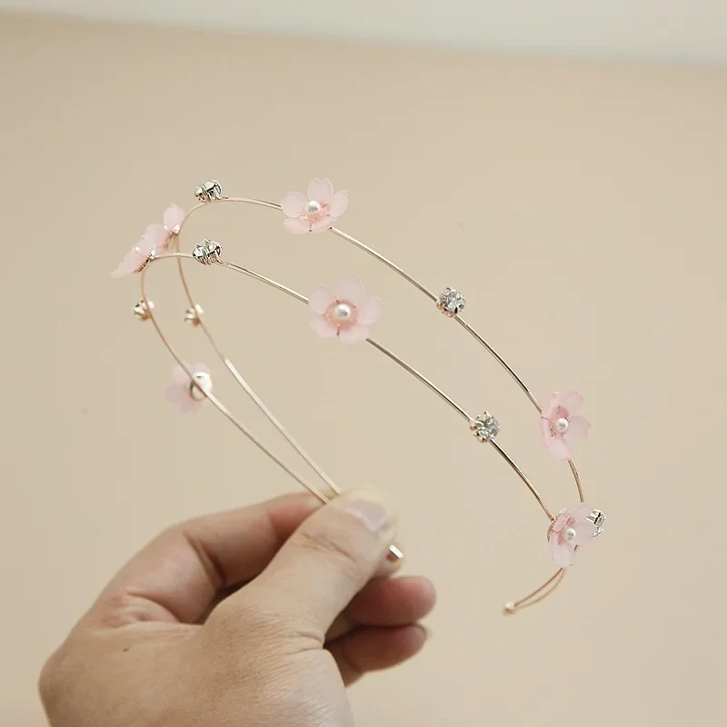 New Double Layer Metal Hairband Flower Pearl Headband for Women Headwear Shiny Rhinestone Hair Band Hoop Hair Accessories