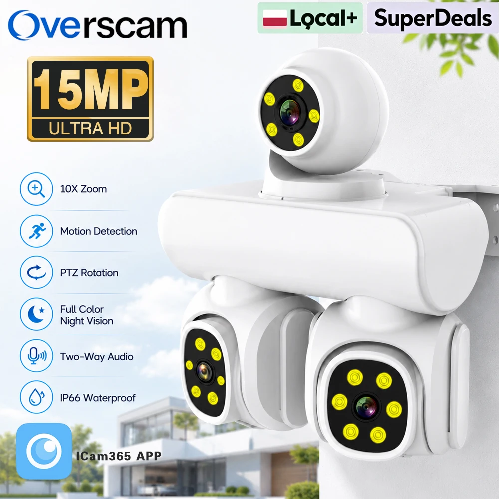 ICam365 15MP HD 3-Linsen 3-Bildschirm WiFi PTZ Sicherheitskamera 10X Zoom Vollfarbige Nachtsicht PIR Bewegungserkennung Zwei-Wege-Audio IP66 Wasserdichte Outdoor CCTV Überwachungskamera