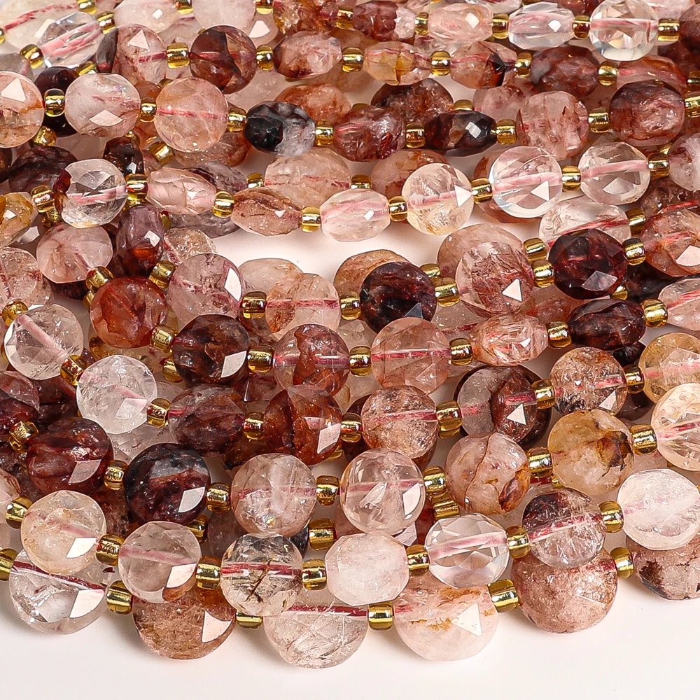 WHITE NATURAL RED FLOWER INCLUSION QUARTZ FACETED COIN BEADS WHITE 8MM 10MM GEMSTONE LOOSE BEADS FOR JEWELRY MAKING DIY BRACELET