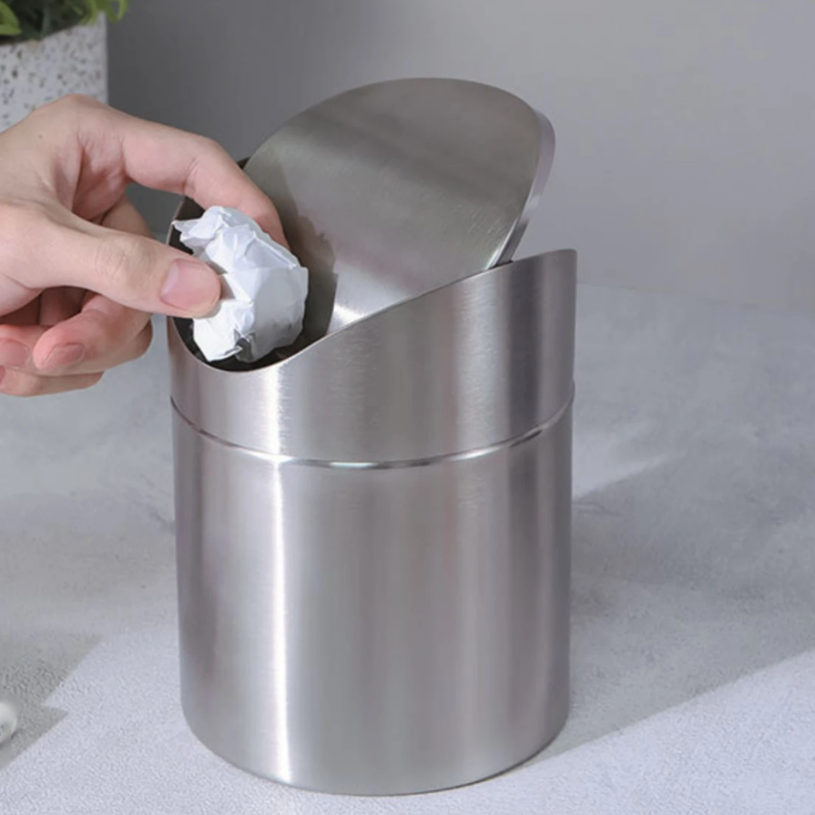 Brushed Steel Trash Can 1.5 L Desktop Bin Wastebasket Compact