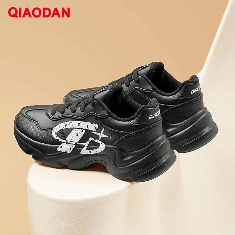 

QIAODAN Casual Sports Shoes New Leather Waterproof Women's Dad Shoes 2025 Autumn Winter Black Outdoor Sneakers QXL042244015