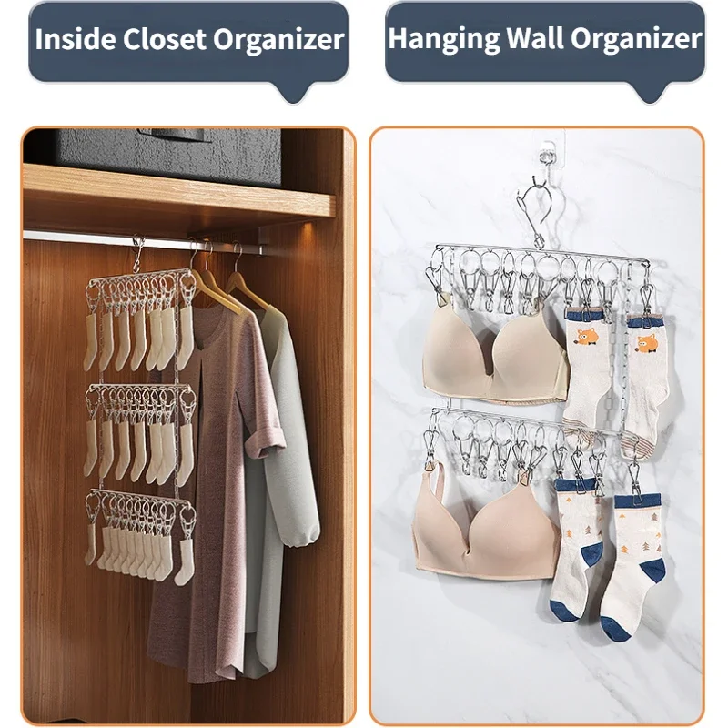 Stainless Steel Foldable Clothes Hanger Laundry Drying Rack with 20/30/40 Clips Save Space Closet Organizer for Socks Bras Towel