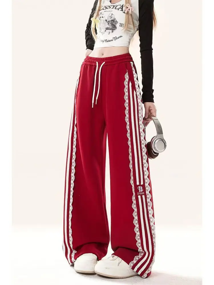 Women\'s Striped Lace Baggy Pants Vintage Sweatpants Harajuku Aesthetic Y2k Parachute Pants High Waist Trousers 2000s Clothes New