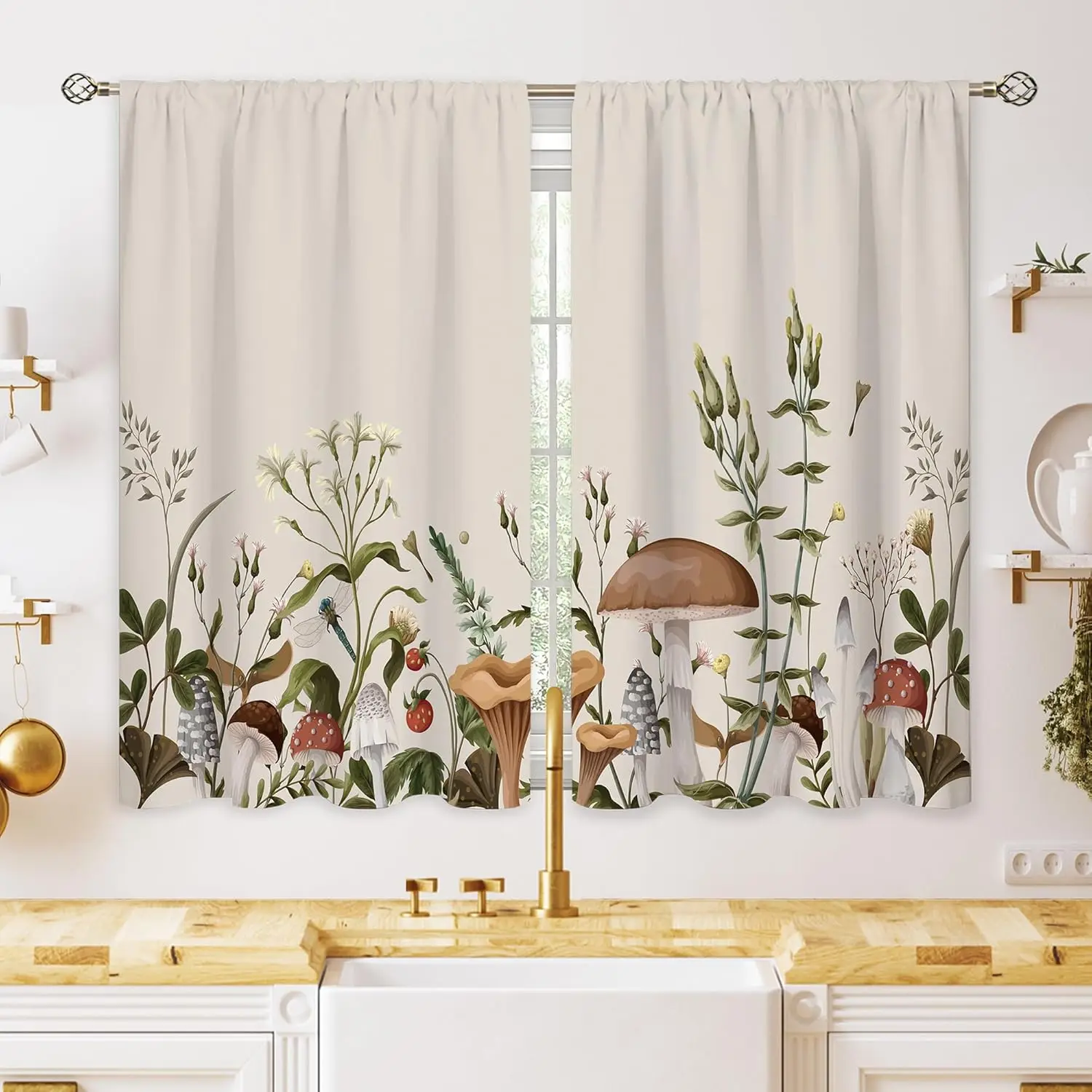 Vintage Mushroom Small Kitchen Curtains Leaves Botanical Window Treatment Rustic Mushroom Cafe Short Window Curtains for