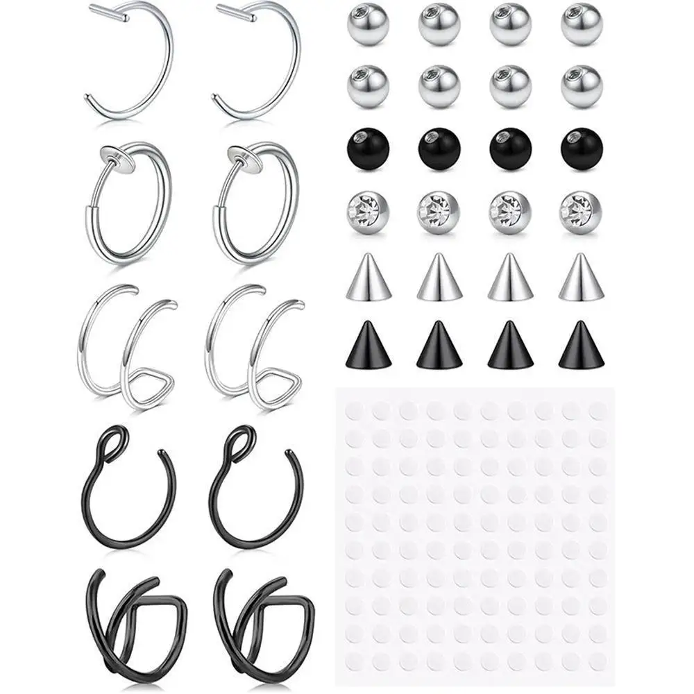 Fake Piercings Lip Ring Replacement Balls Spike With 100pcs Sticker Nose Hoop Eyebrow Piercing Clip Ring Unisex Body Jewelry